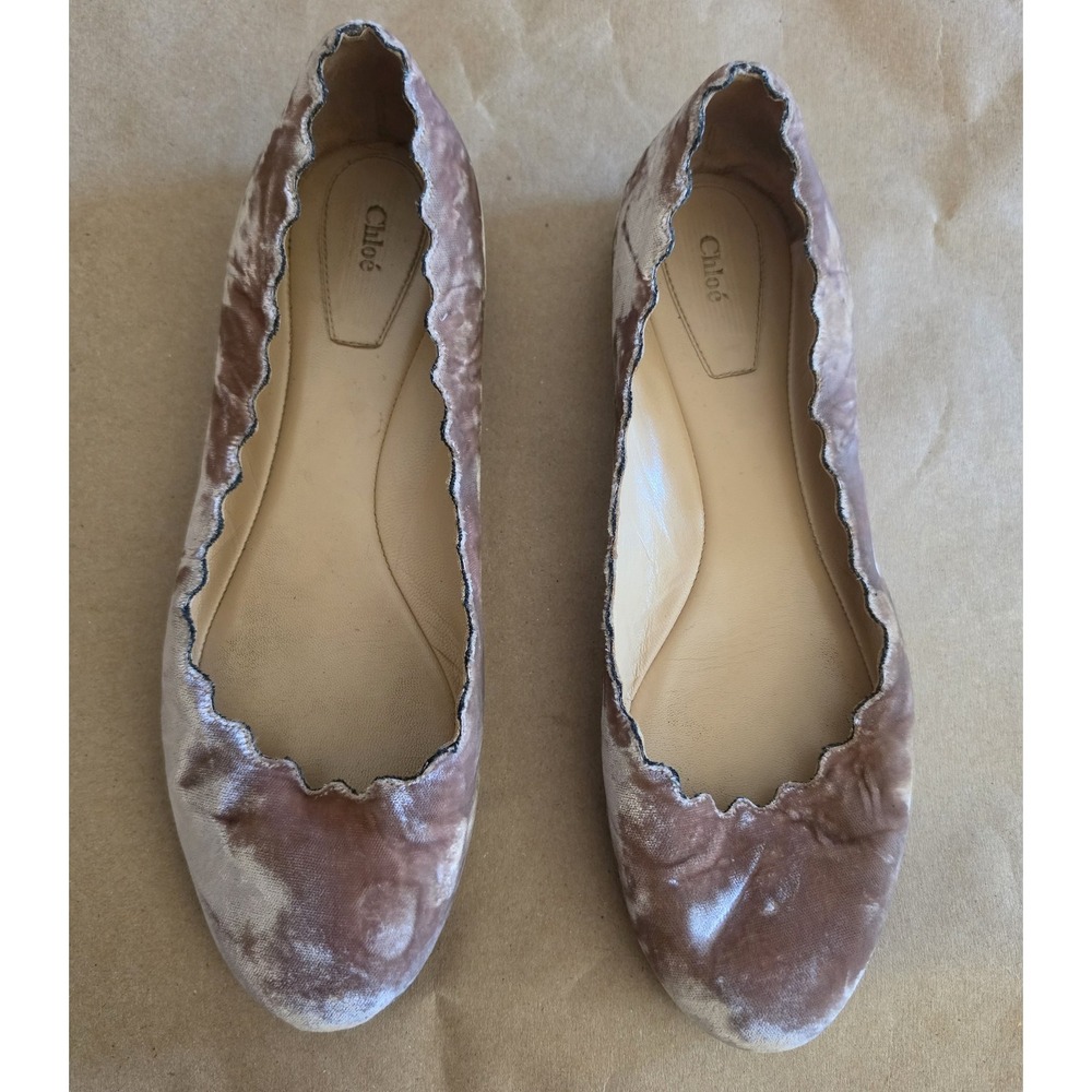 Chloé Ballet Flats Size 39 Dusty Rose Velvet Flat Shoe Slip-On Classic Scalloped
